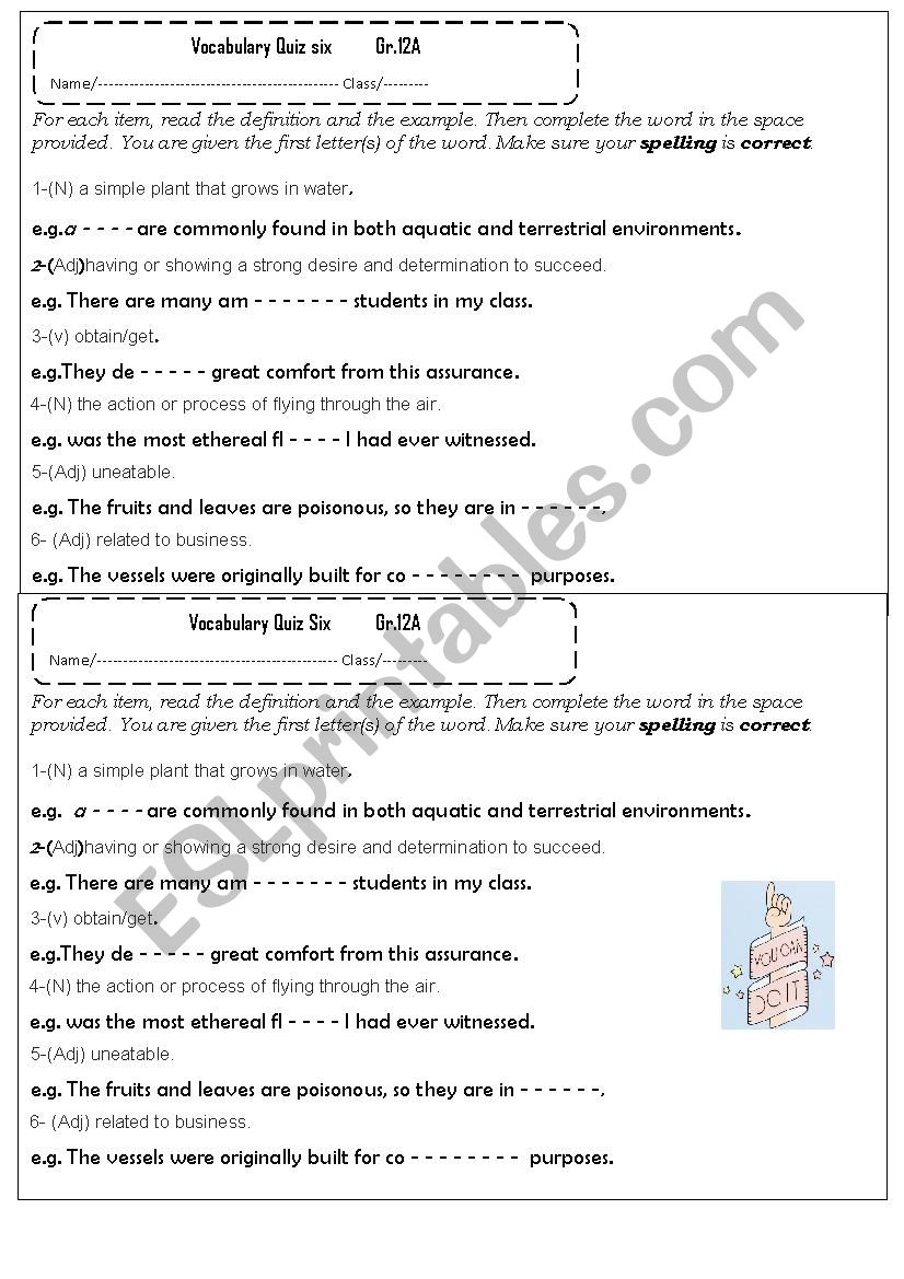 Vocabulary Quiz worksheet