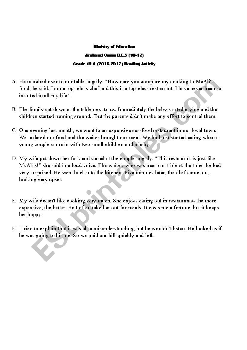 Reading activity worksheet