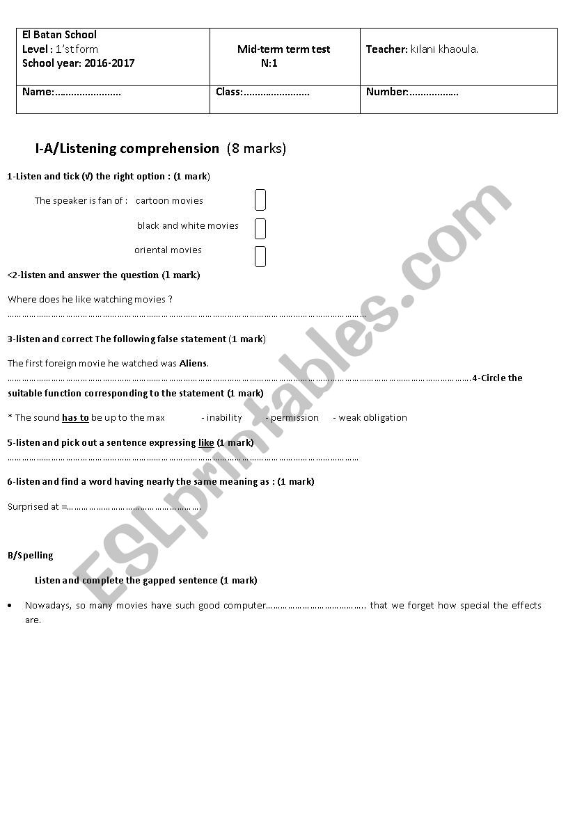 mid term test 1st form worksheet