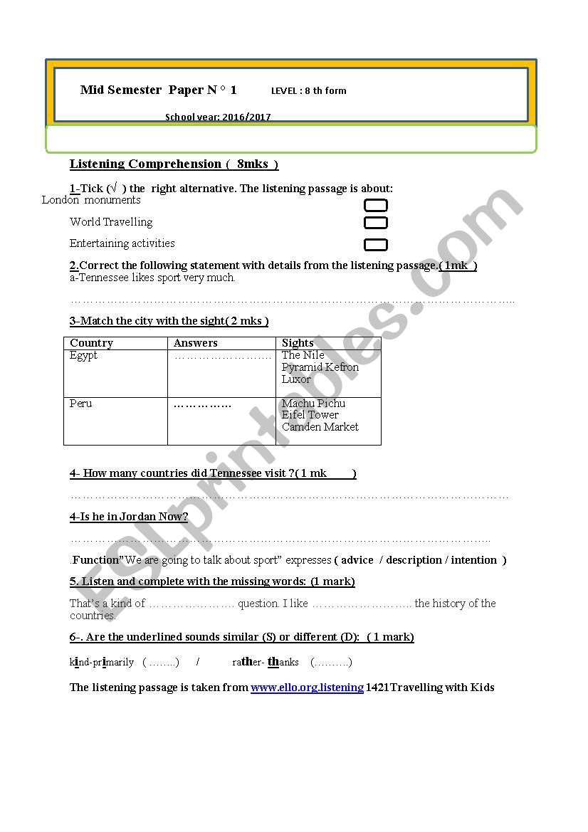 mid semester test worksheet