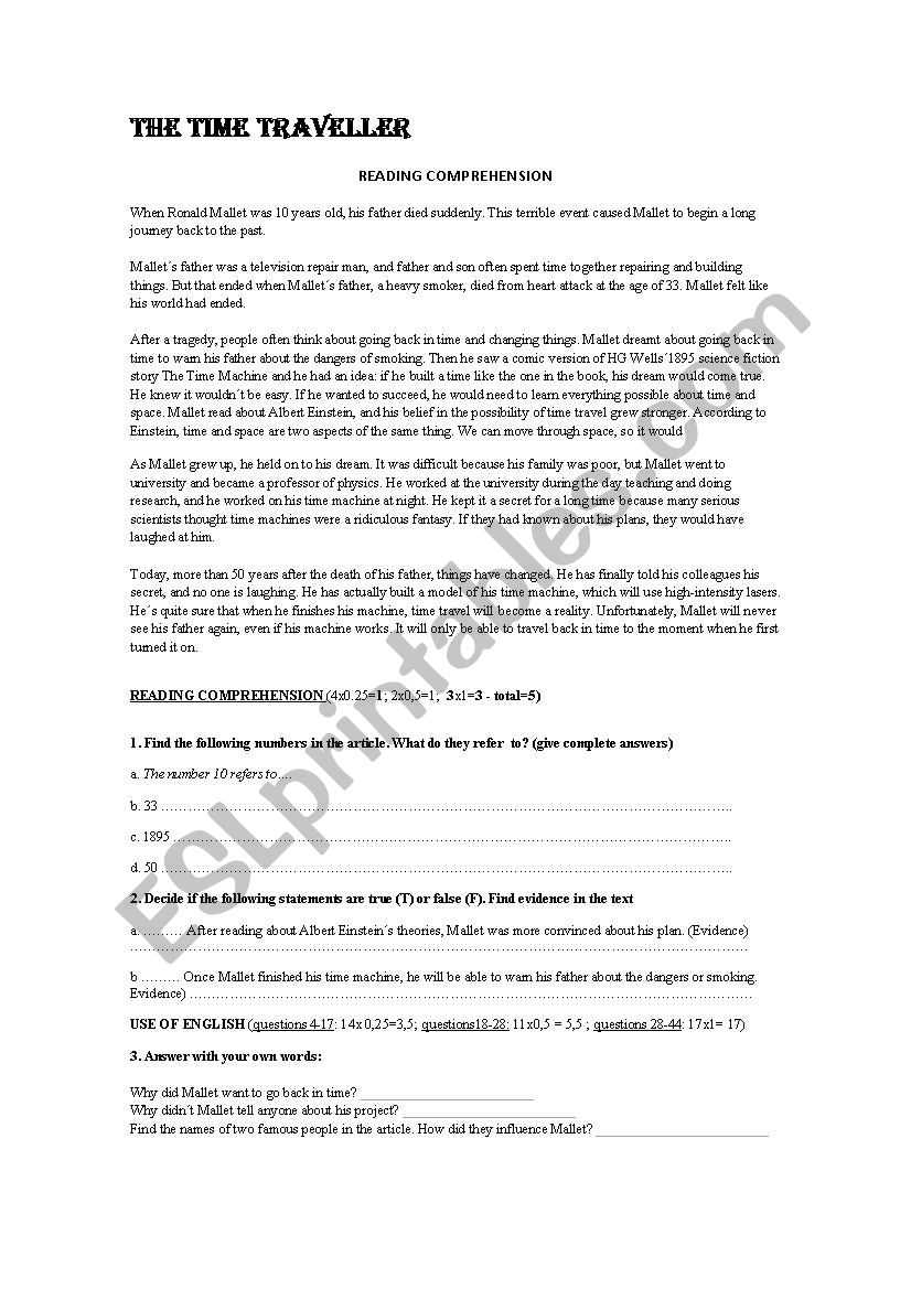 The Time Traveller worksheet