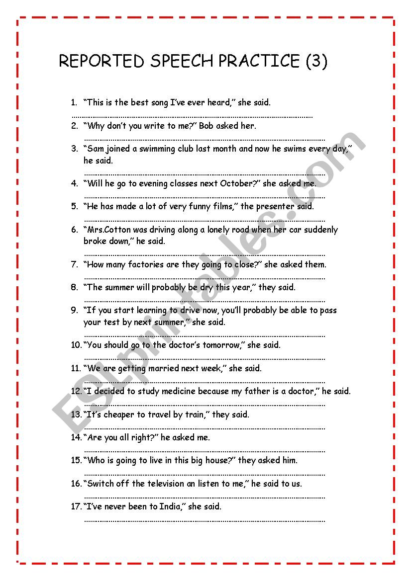 REPORTED SPEECH PRACTICE 3 worksheet