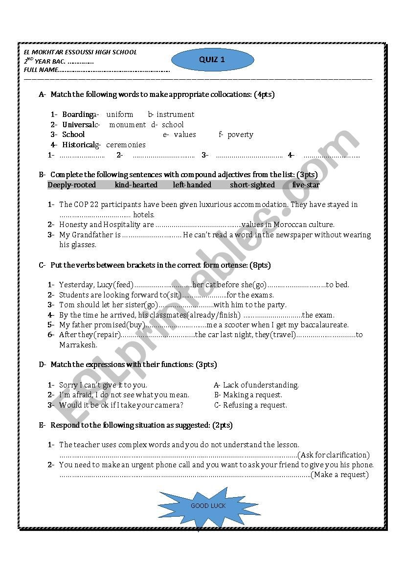 Quiz for 2nd year bac Gateway 2