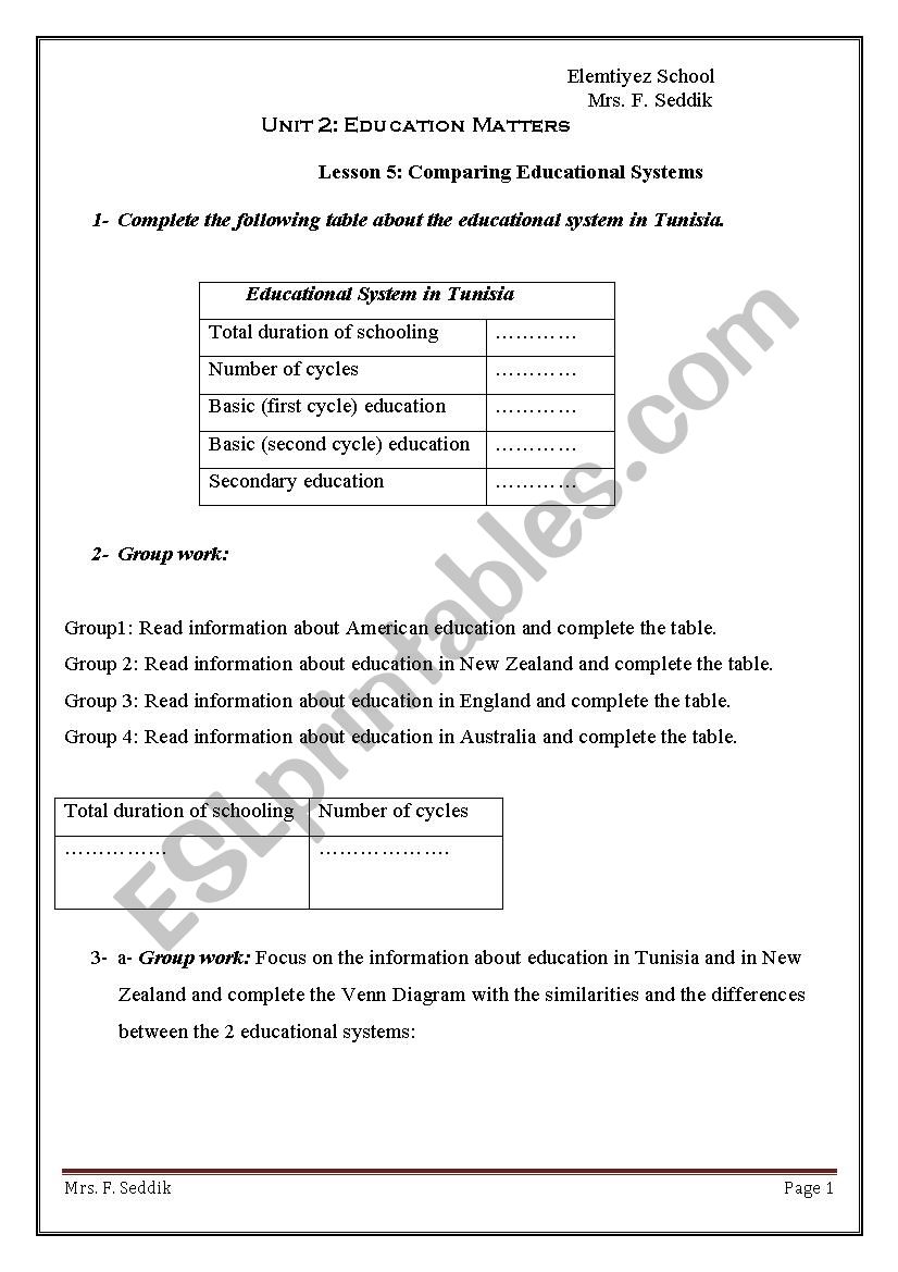 comparing educational systems worksheet