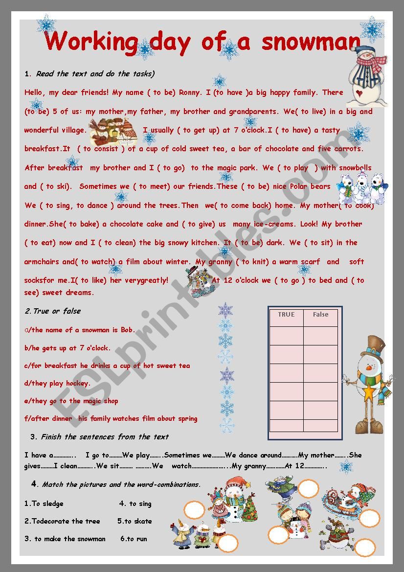 Working day of a snowman. worksheet