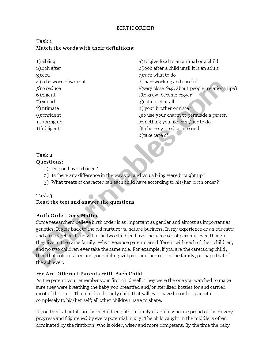 birth order worksheet