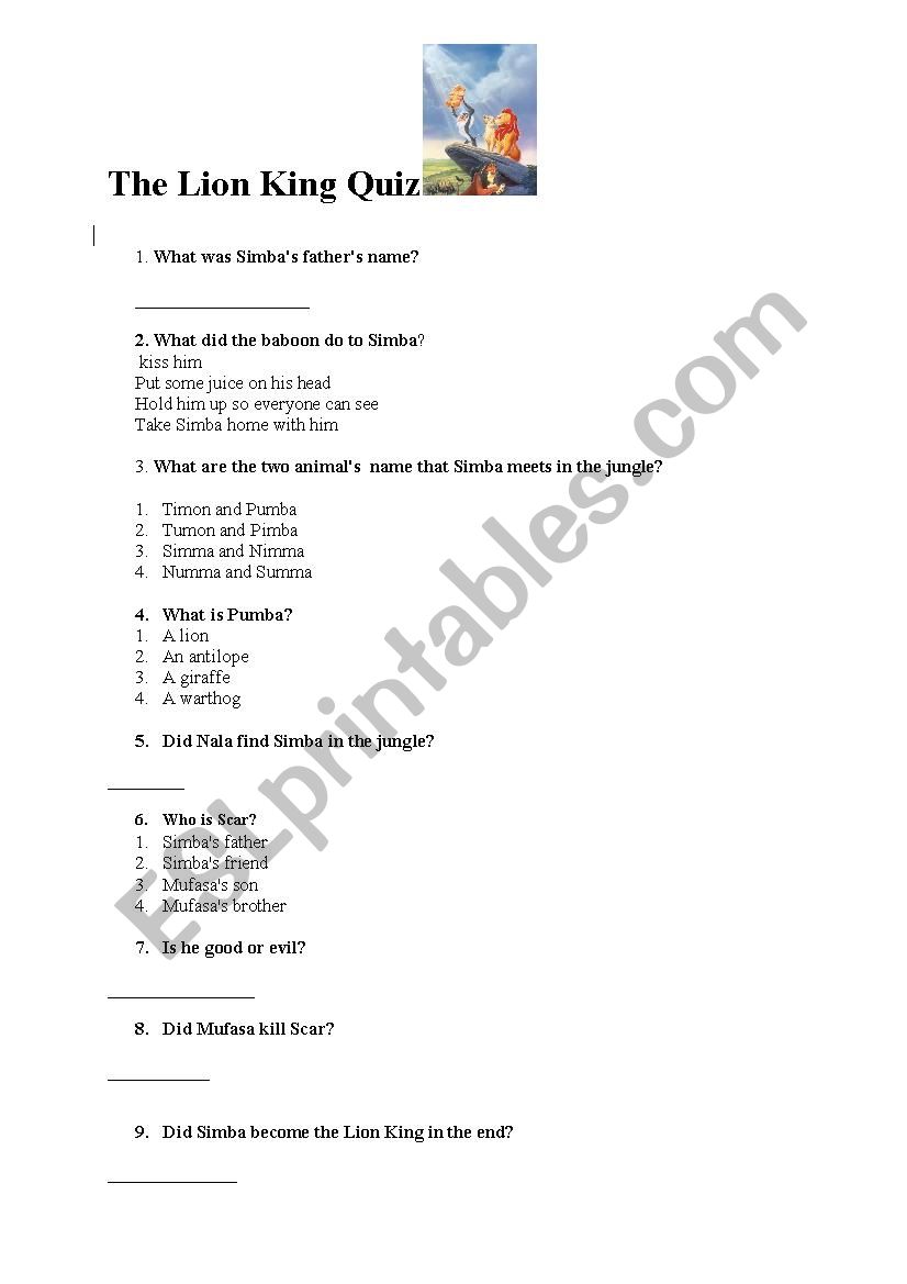 Lion King Movie trivia worksheet