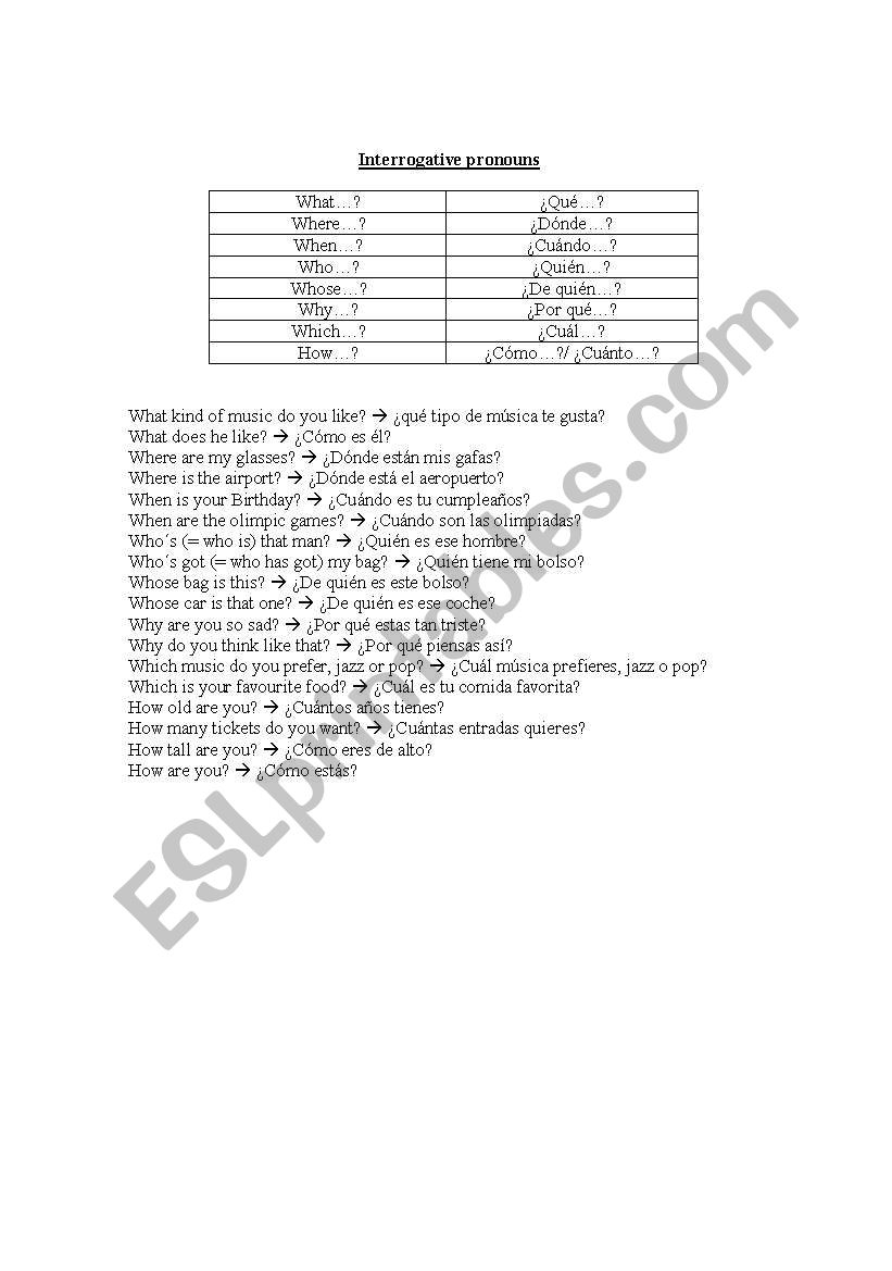 INTERROGATIVE PRONUONS worksheet