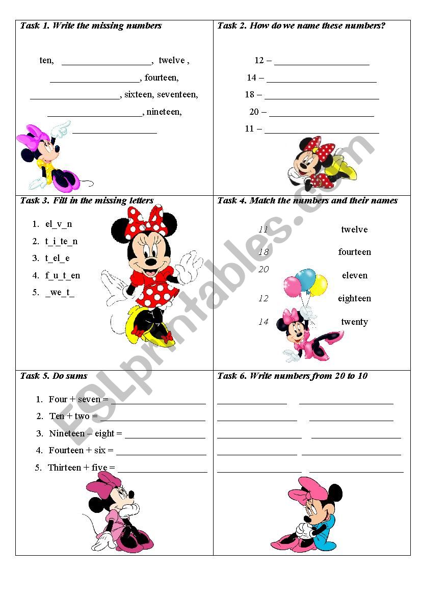 Numbers 10-20 test worksheet