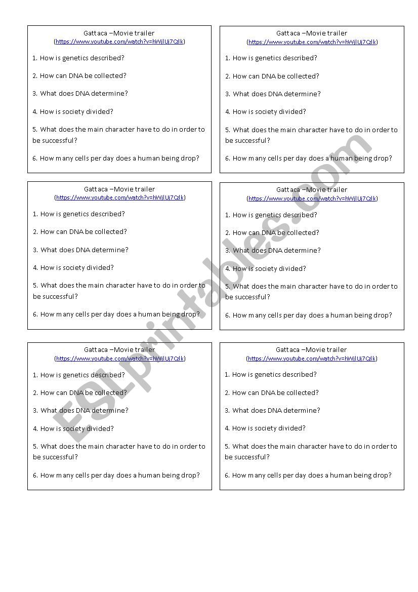 Gattaca - movie trailer worksheet