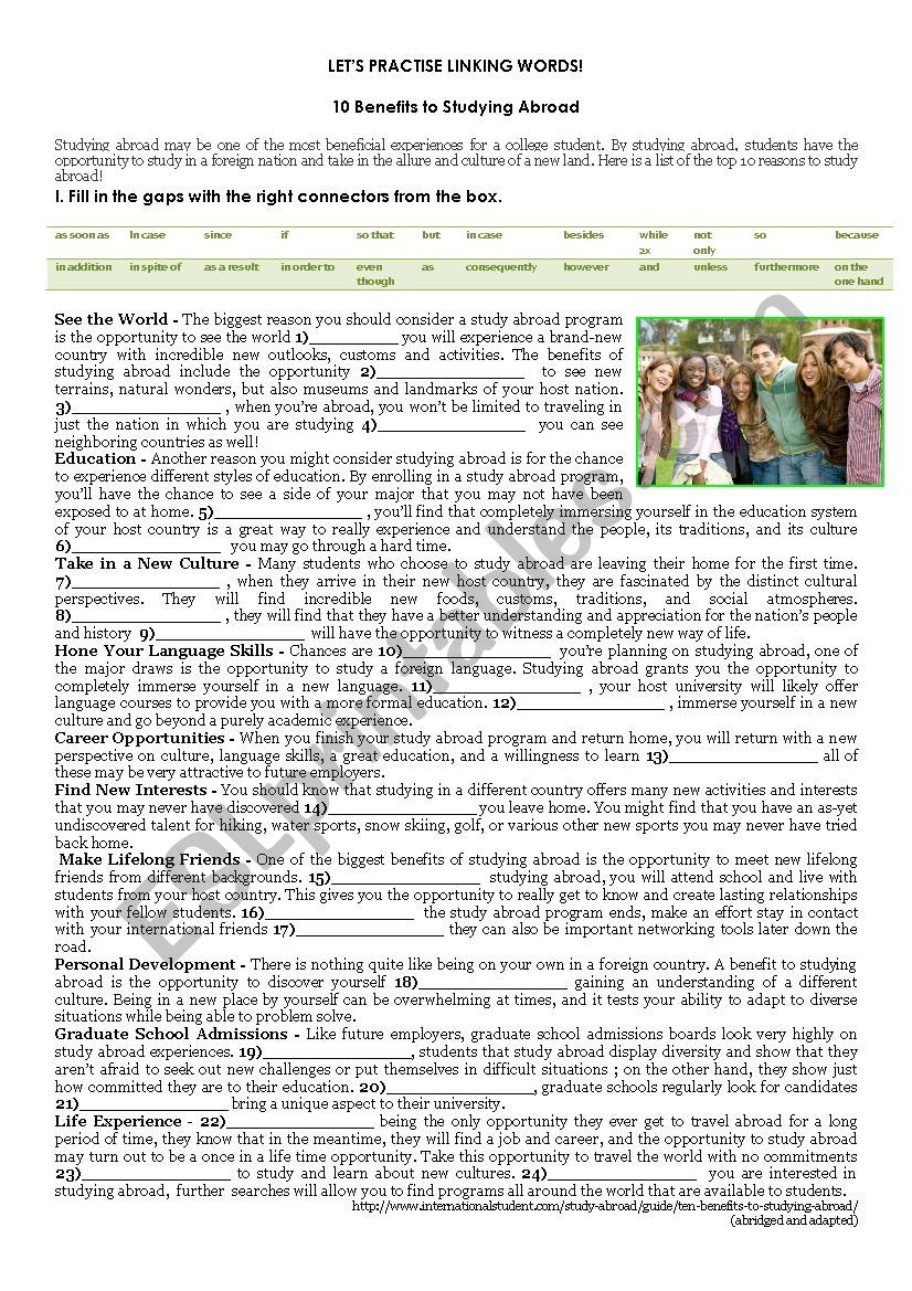 LETâ€™S PRACTISE LINKING WORDS!  10 Benefits to Studying Abroad