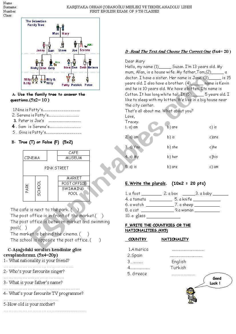 9th grade exam worksheet