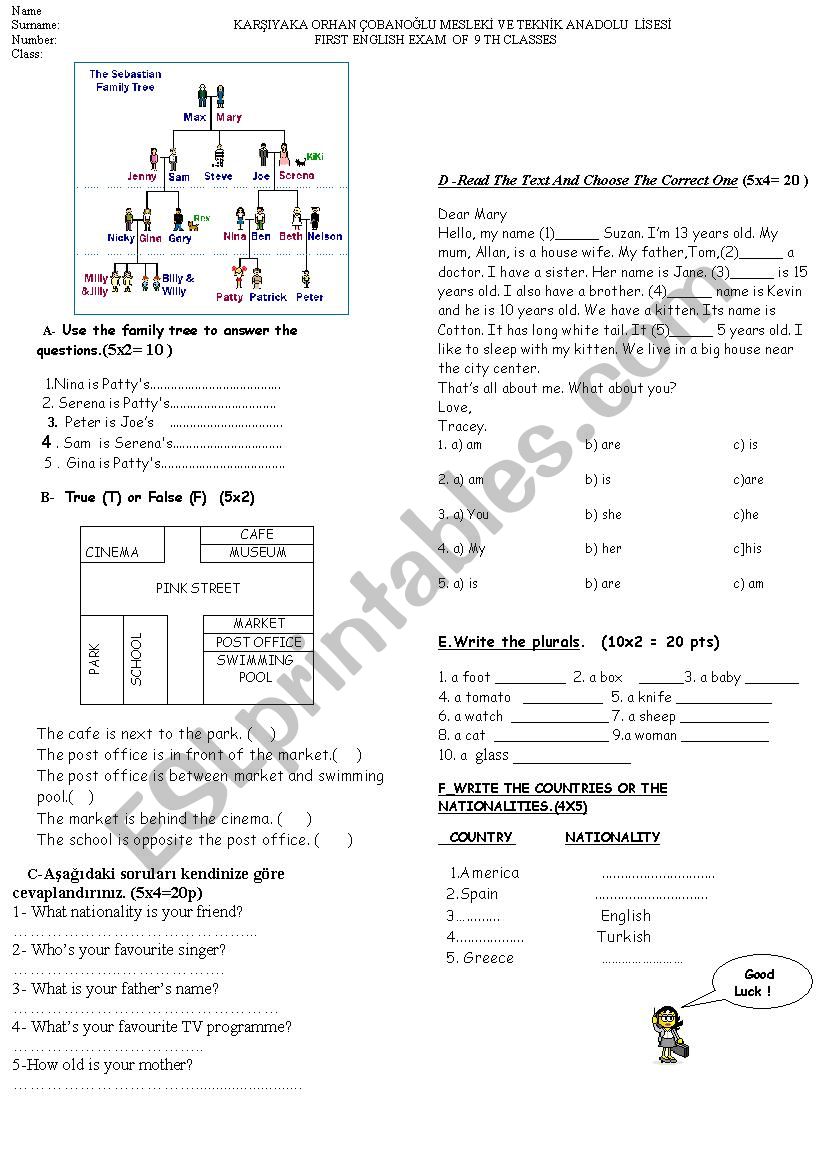 9th grade exam worksheet