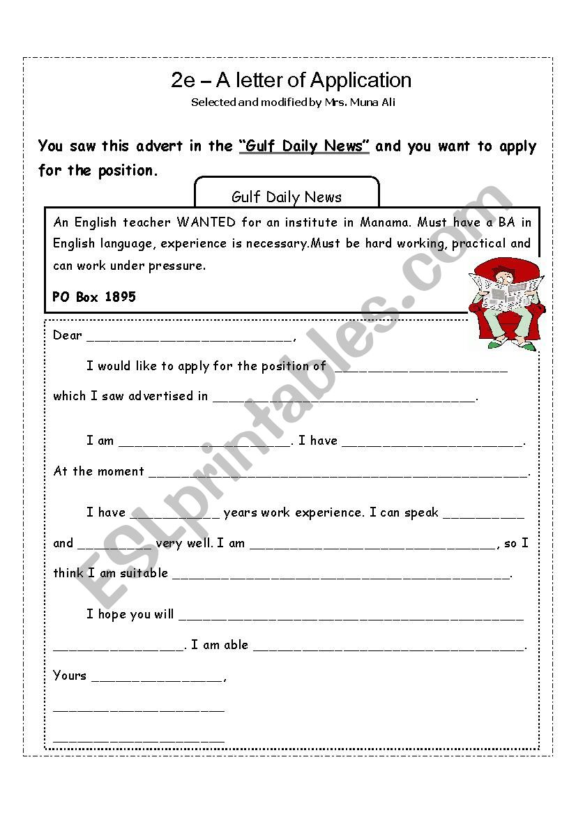 a letter of application worksheet