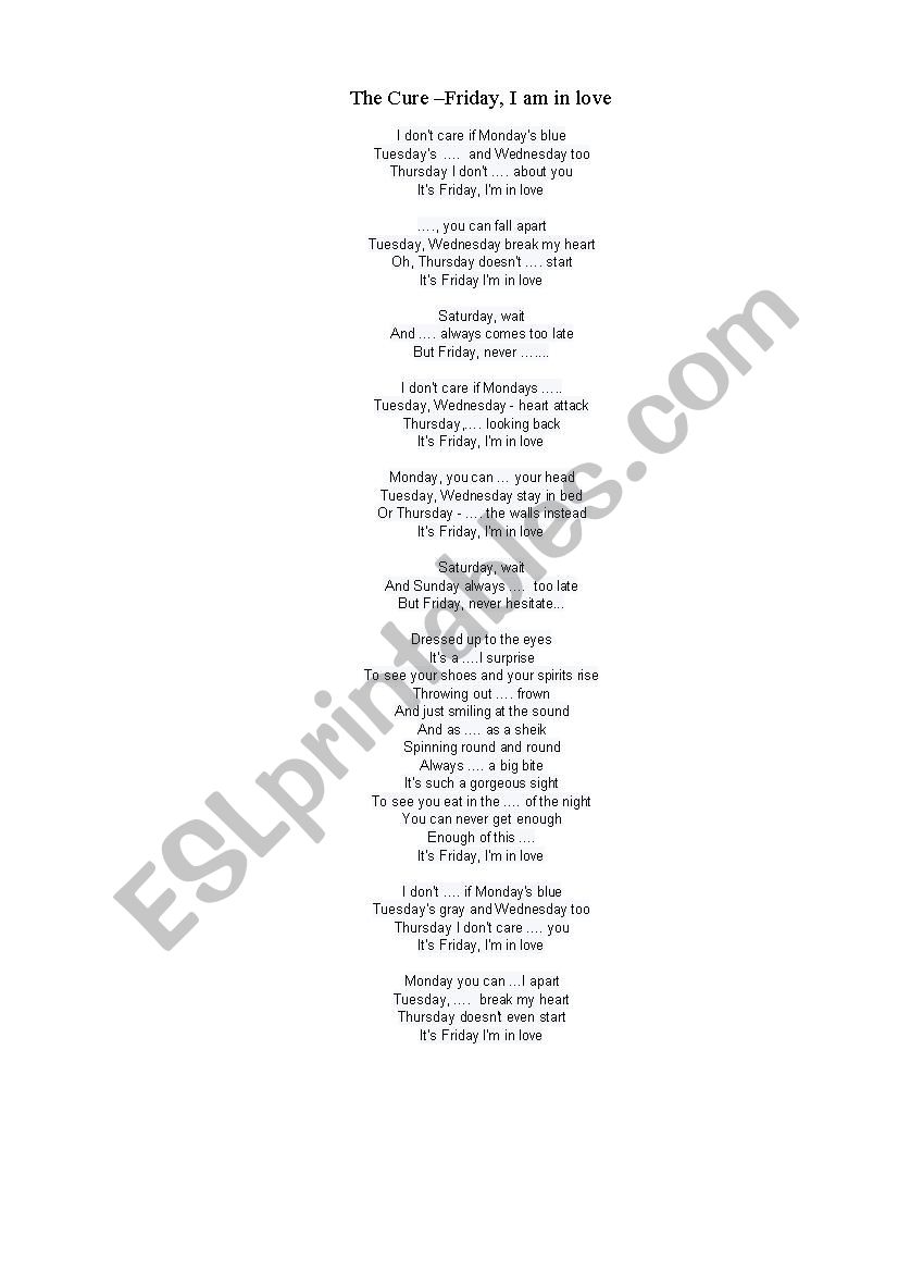 The Cure - Friday I am in Love - ESL worksheet by tablecare