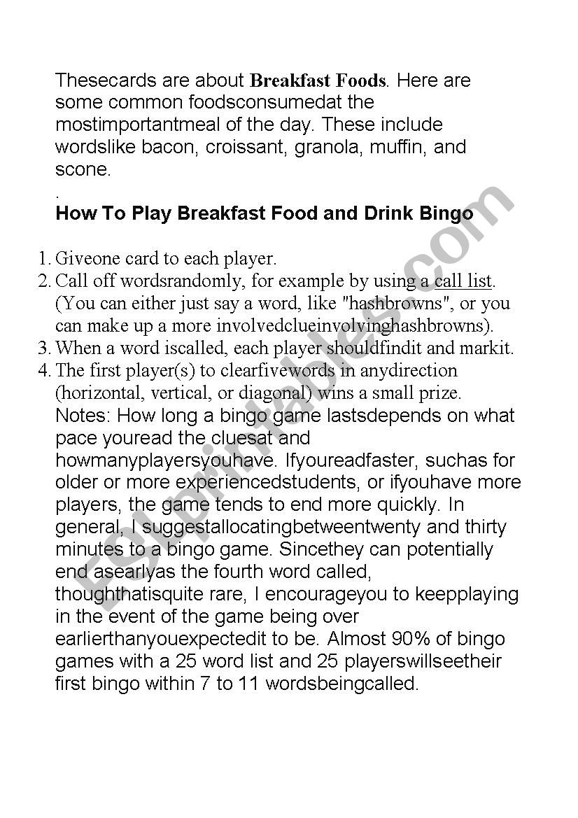 Bingo Breakfast  worksheet