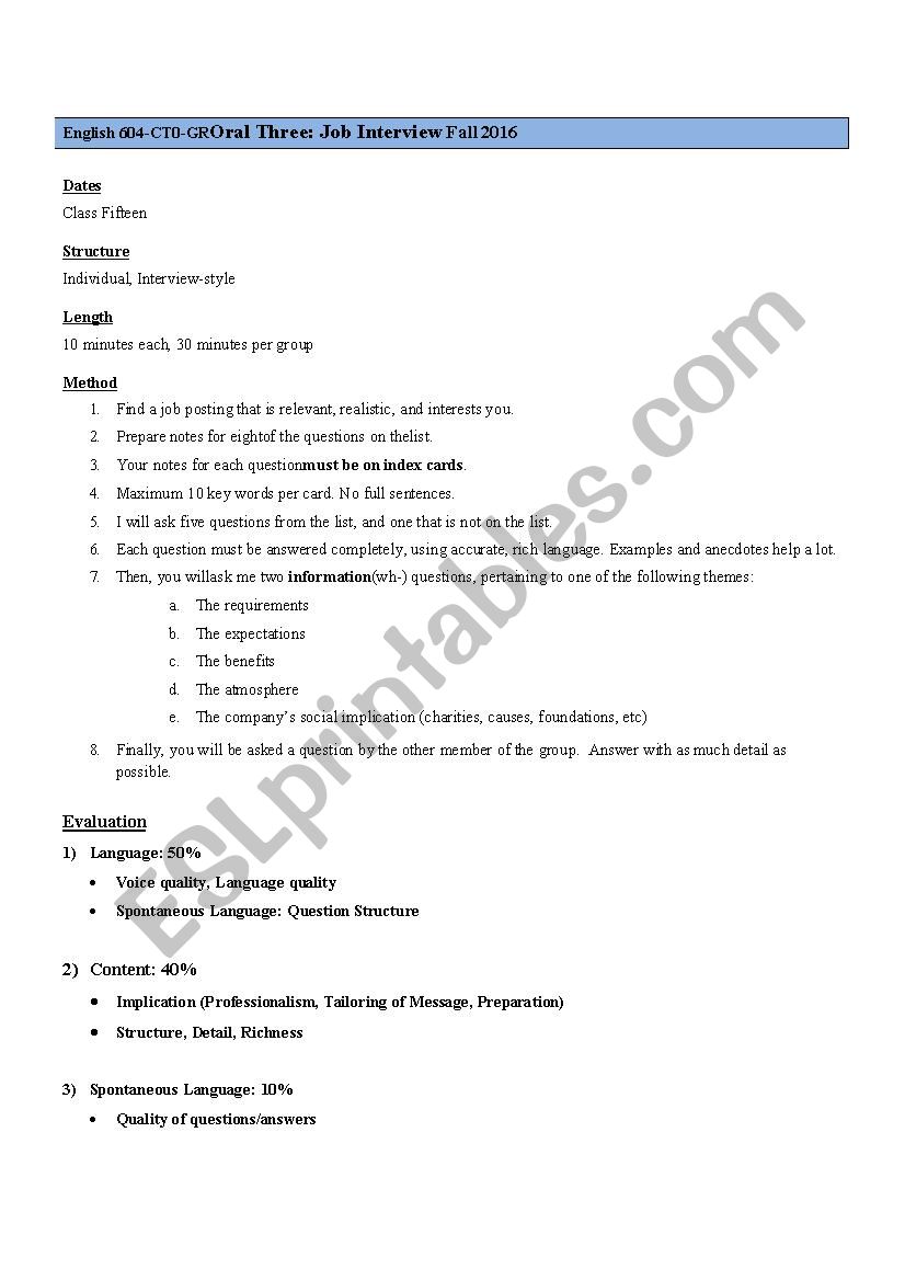 Job Interview Oral Evaluation worksheet