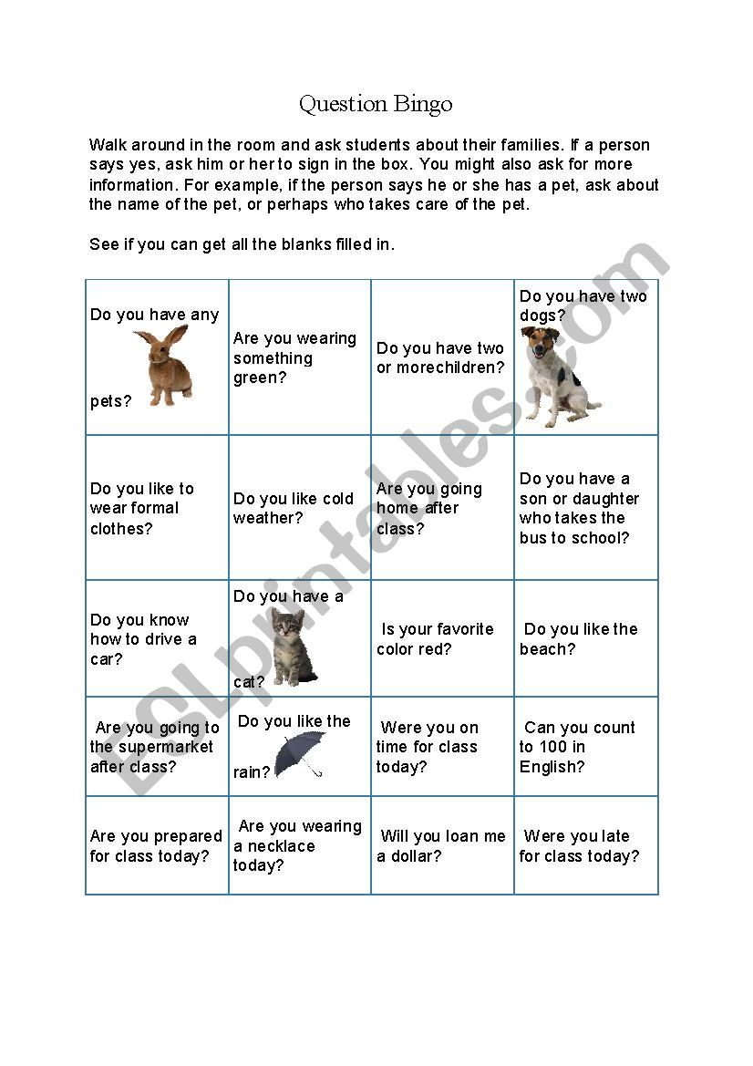 Question Bingo worksheet