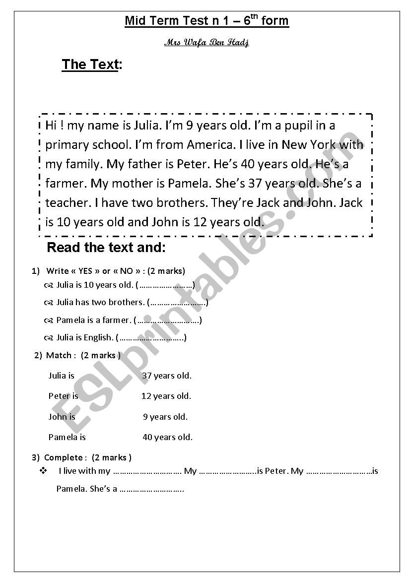 Mid Term Test n 1 - 6th form worksheet