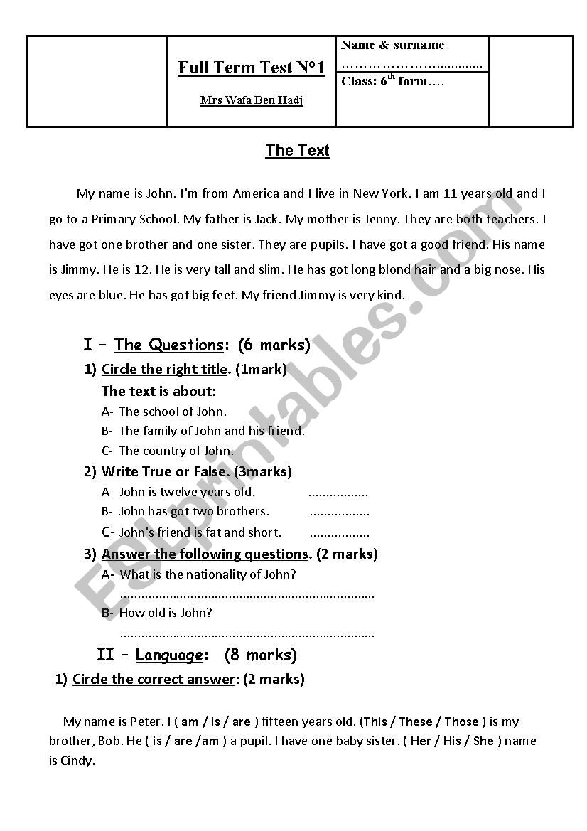 Full Term Test n 1 - 6th form worksheet