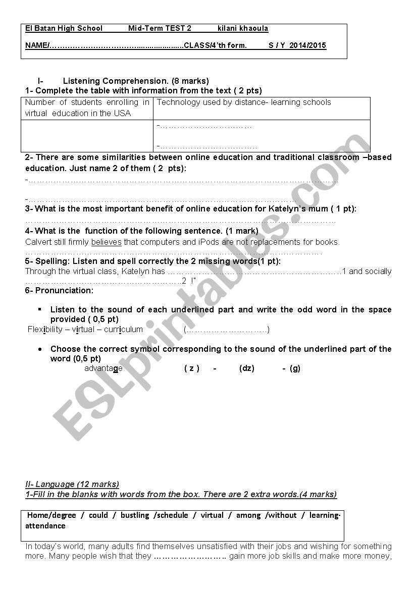 4th form mid-term test worksheet
