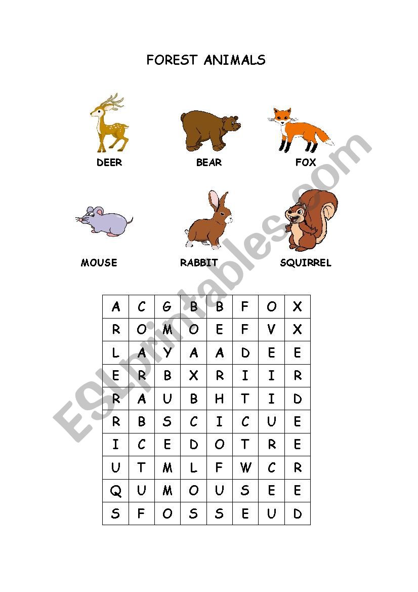Wordsearch forest animals worksheet