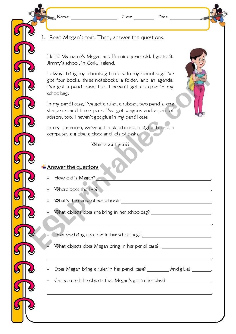 School objects worksheet