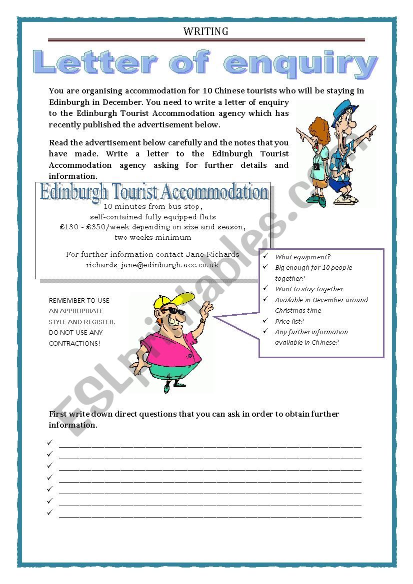 WRITING - LETTER OF ENQUIRY worksheet