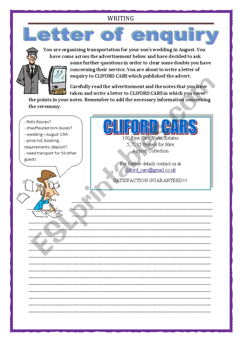 WRITING - LETTER OF ENQUIRY worksheet