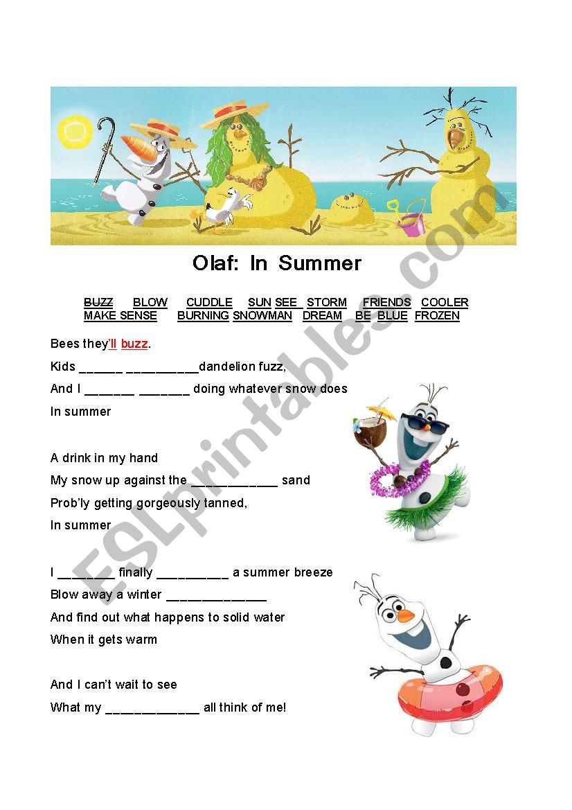 In summer by Olaf worksheet