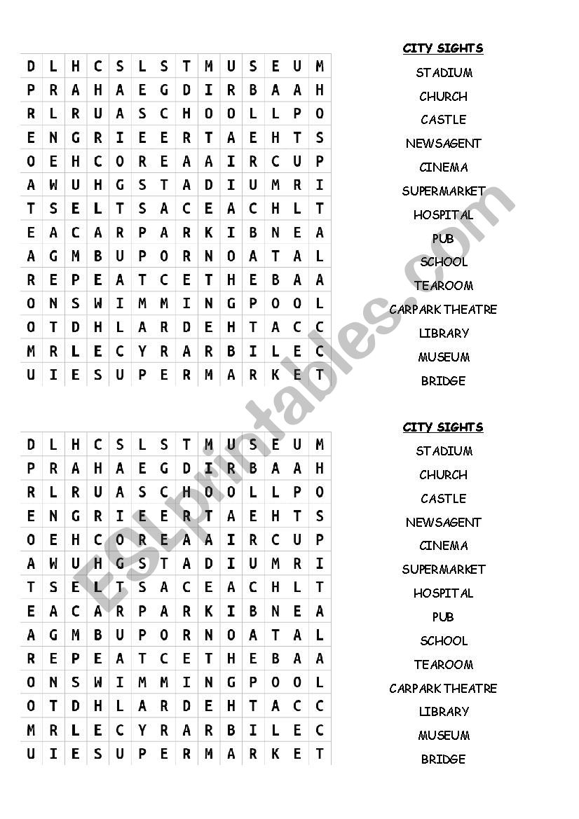 CITY SIGHTS WORDSEARCH worksheet