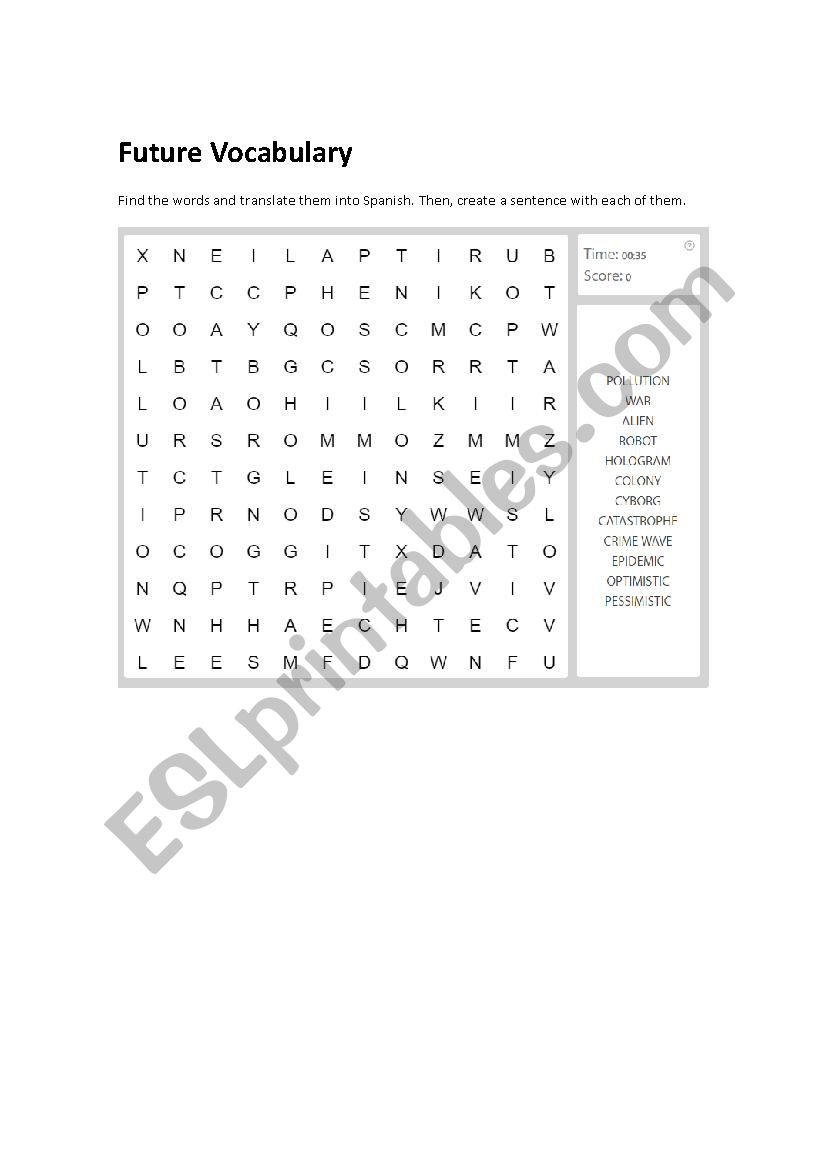 Future Vocabulary- Wordsearch worksheet