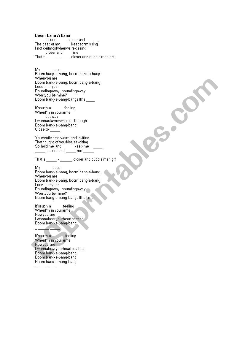 Boom Bang A Bang worksheet