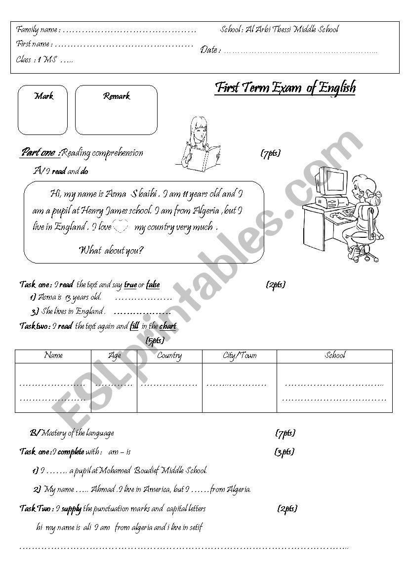 First exam of the first year worksheet