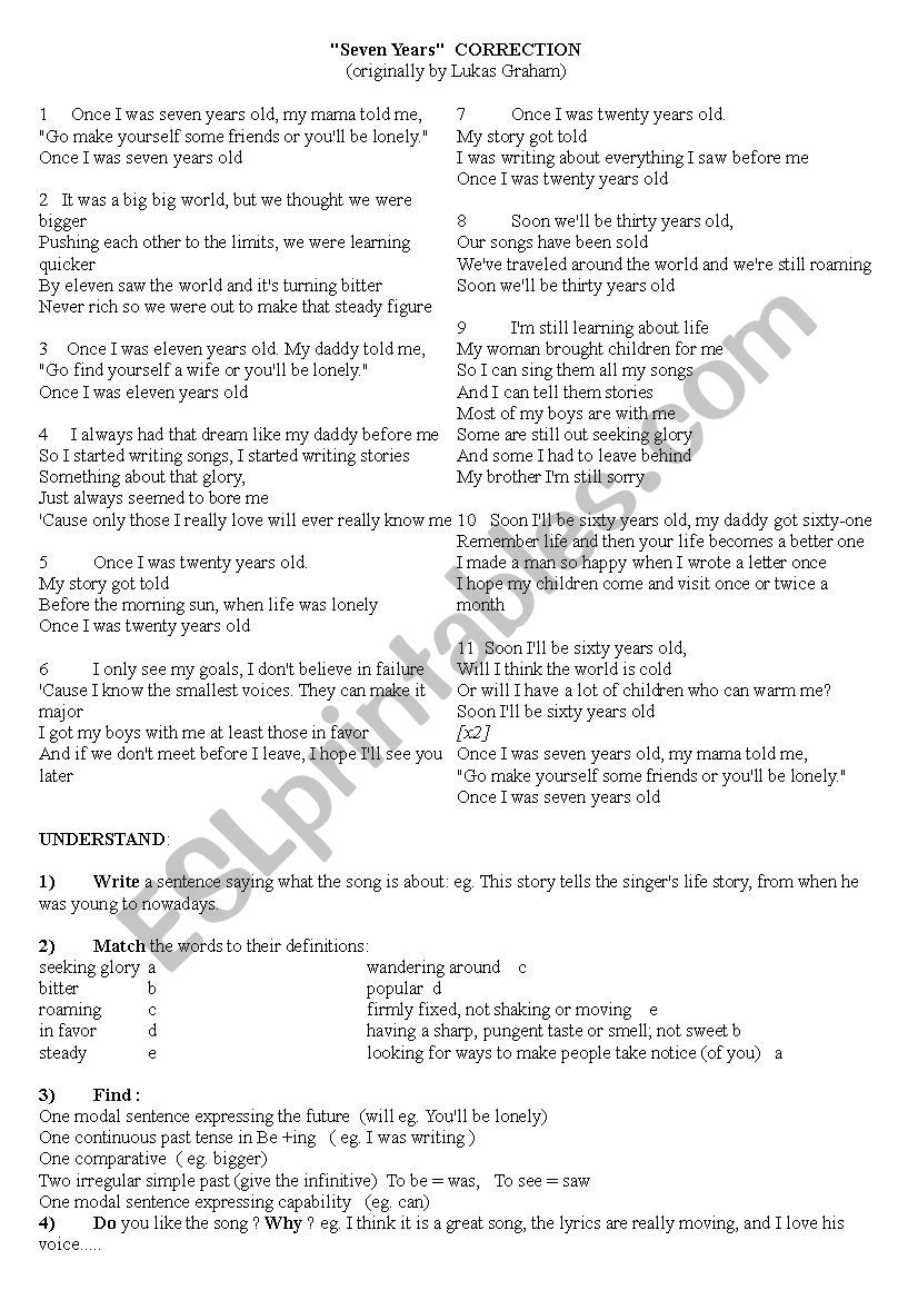 Seven Song worksheet