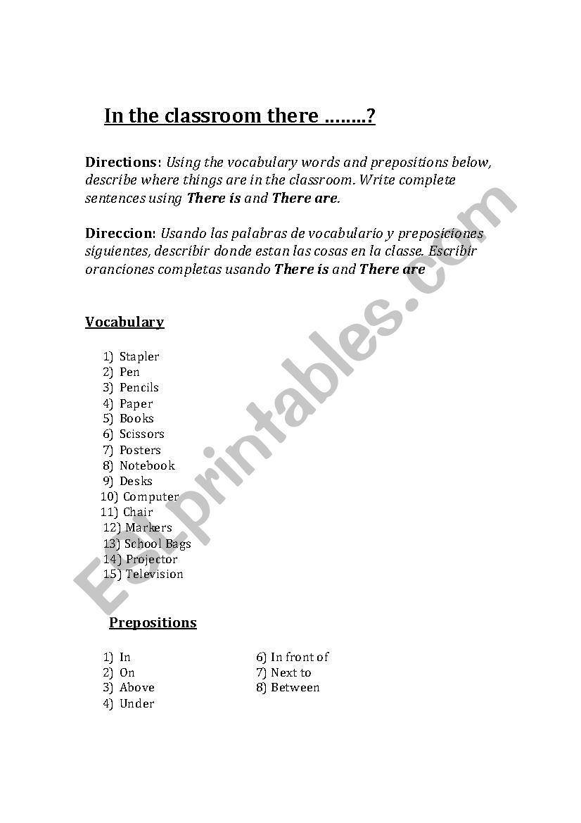 Where in the classroom is...? worksheet