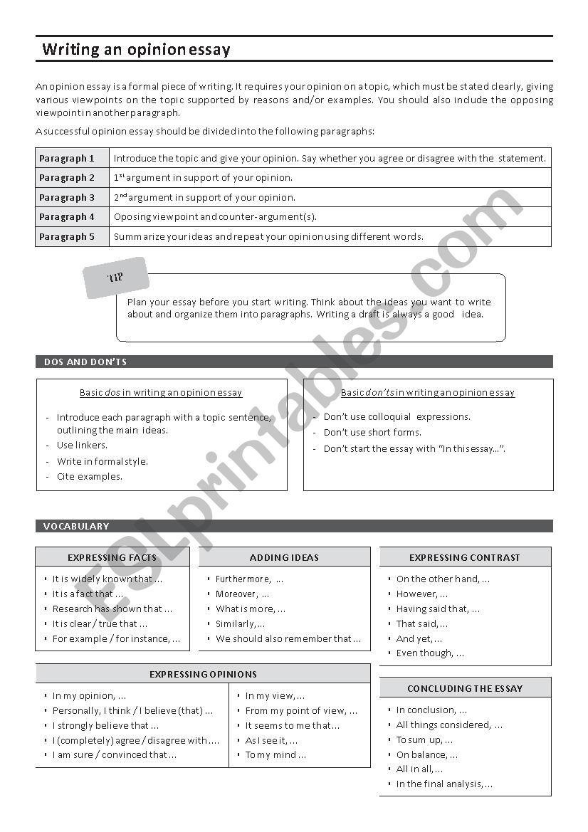 Opinion Essay worksheet