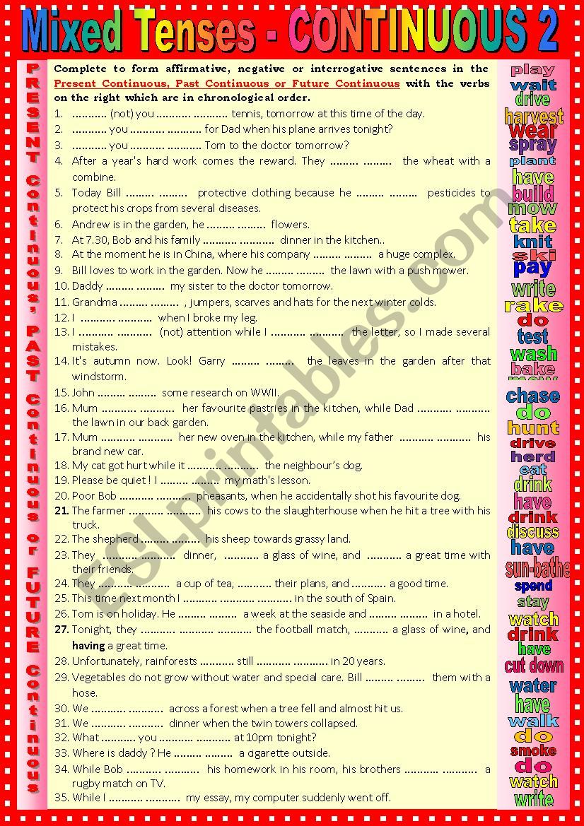 Mixed tenses Present, Past and Future CONTINUOUS 2 + KEY