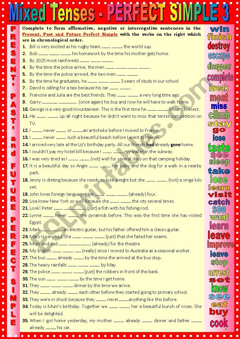 Mixed tenses Present, Past and Future PERFECT SIMPLE 3 + KEY