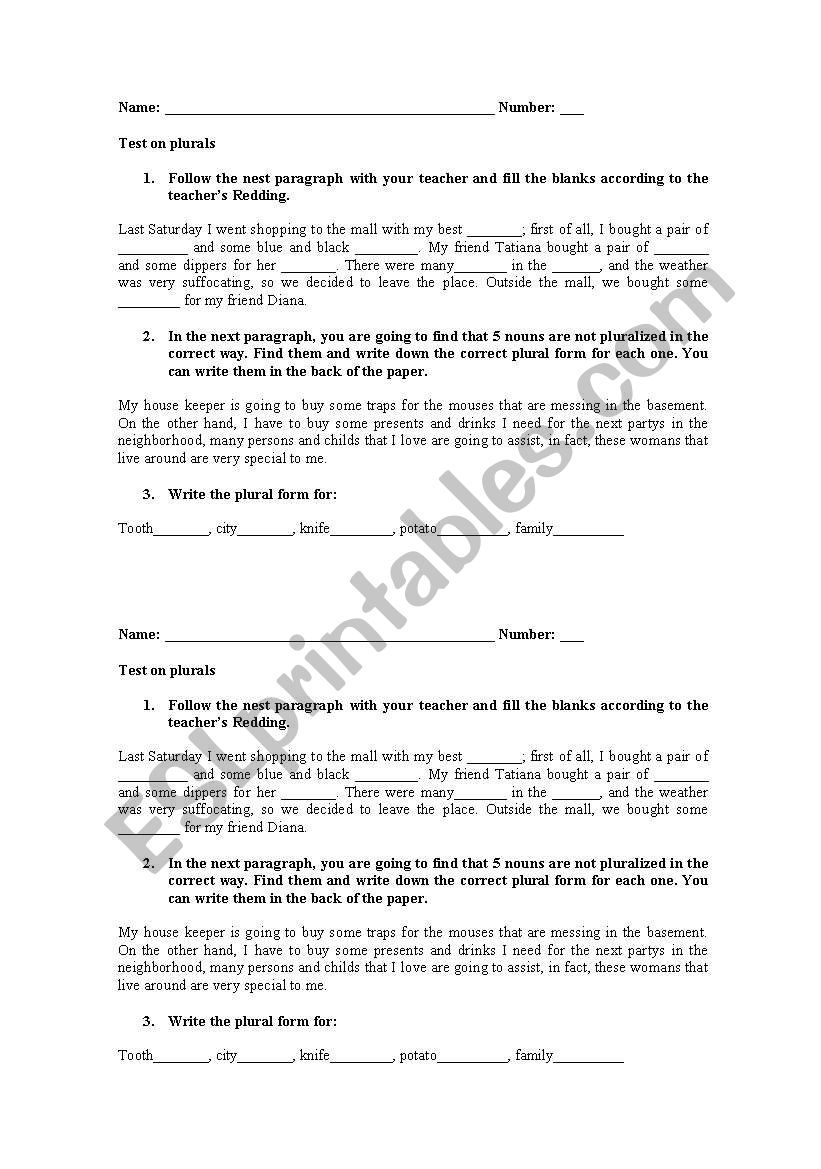 Testing plural forms worksheet