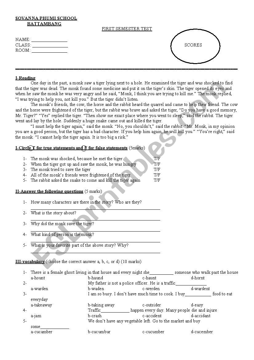 semester test worksheet