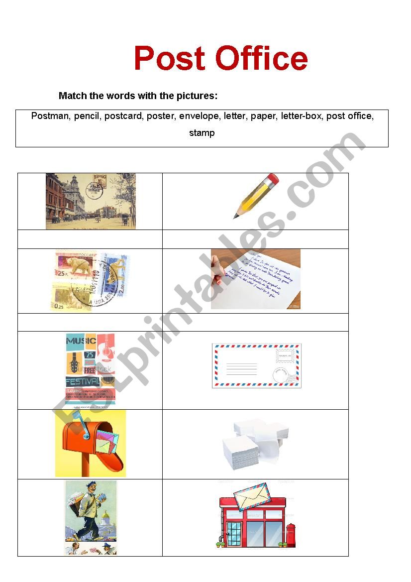 Post Office matching worksheet