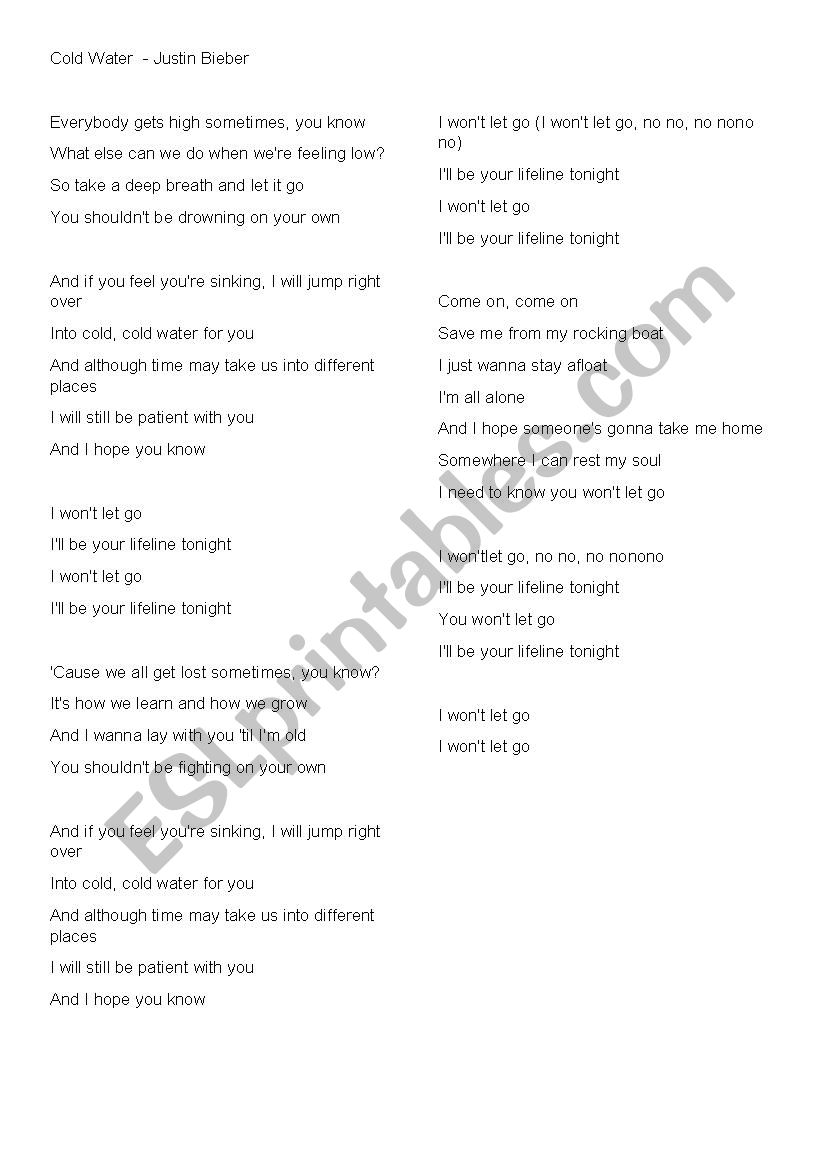 Cold Water - Justin Bieber worksheet