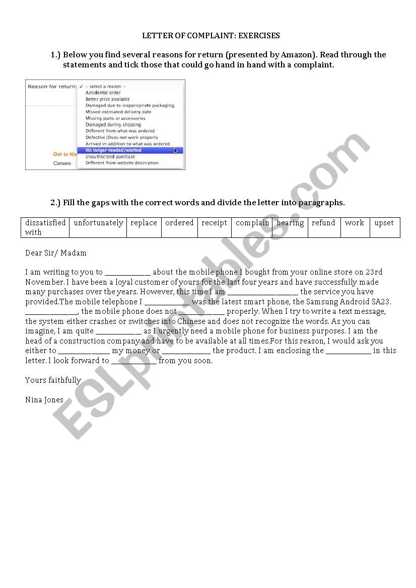 Letter of Complaint worksheet