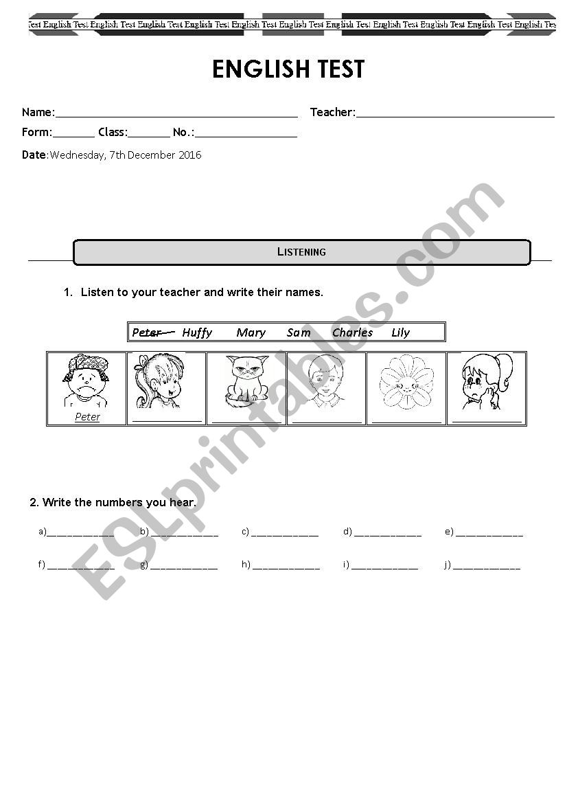 English test worksheet