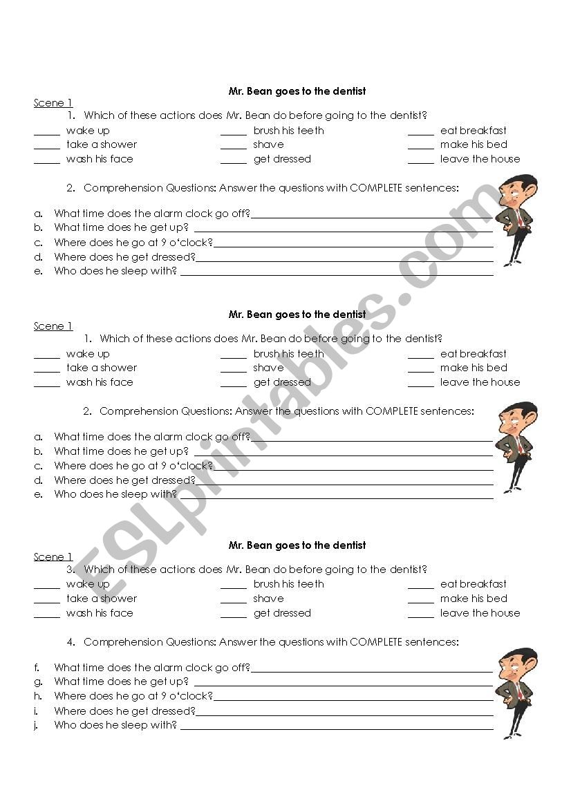 Mr Bean goes to the dentist worksheet