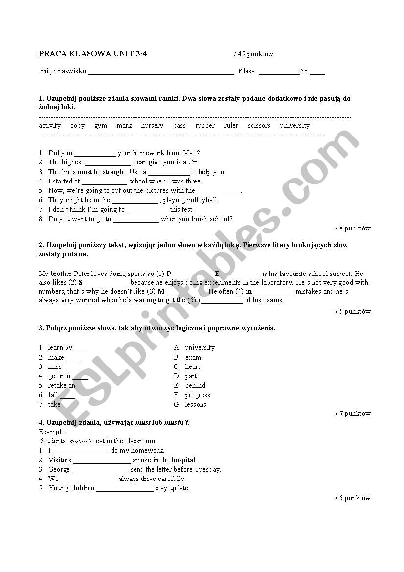 school test worksheet