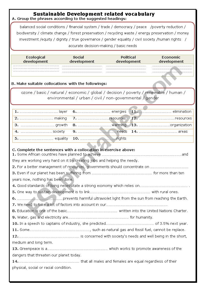 SUSTAINABLE DEVELOPMENT worksheet