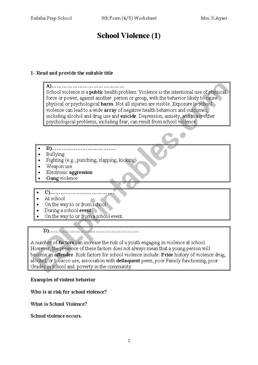 School violence 9th form worksheet