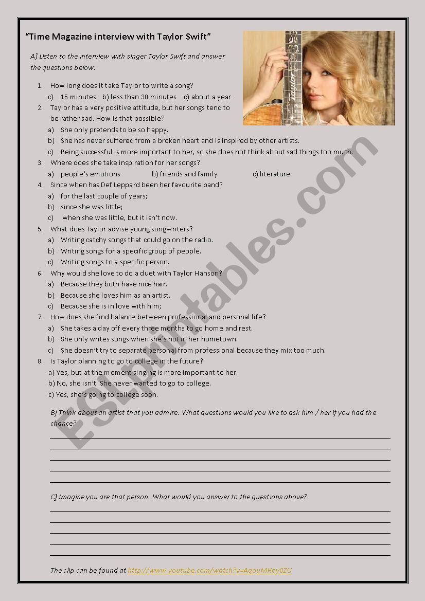 interview with taylor swift worksheet